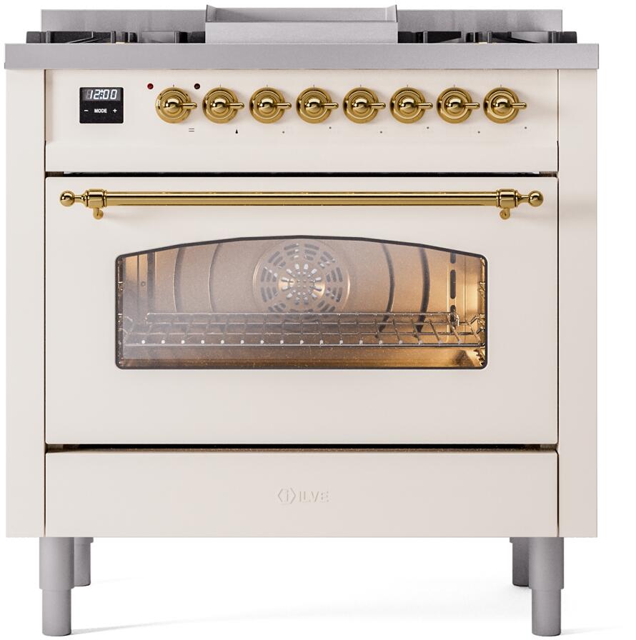 ILVE Nostalgie II 36-Inch Freestanding Natural Gas Dual Fuel Range in Antique White with Brass Trim (UP36FNMPAWG)