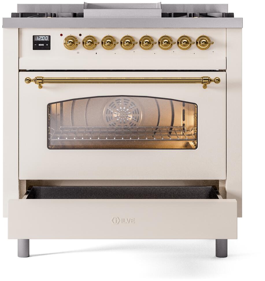 ILVE Nostalgie II 36-Inch Freestanding Natural Gas Dual Fuel Range in Antique White with Brass Trim (UP36FNMPAWG)