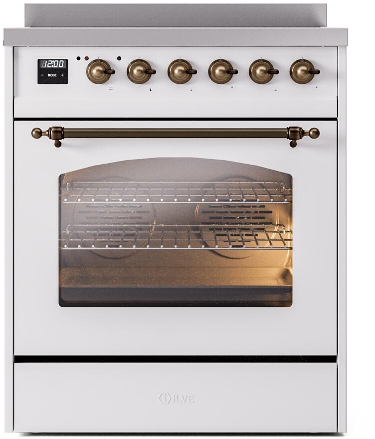 ILVE Nostalgie II 30-Inch Freestanding Electric Induction Range in White with Burnished Bronze Trim (UPI304NMPWHB)