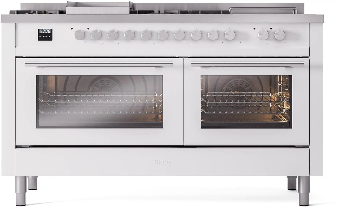 ILVE Professional Plus II 60-Inch Natural Gas Dual Fuel Range, 7 Burners, Griddle, French Top, Triple Glass Door, White (UP60FSWMPWH)