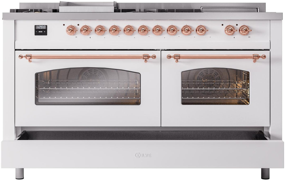 ILVE Nostalgie II 60-Inch Propane Gas Dual Fuel Range with 7 Burners, Griddle, & French Top with Triple Glass Door Oven in White with Copper Trim (UP60FSNMPWHPLP)