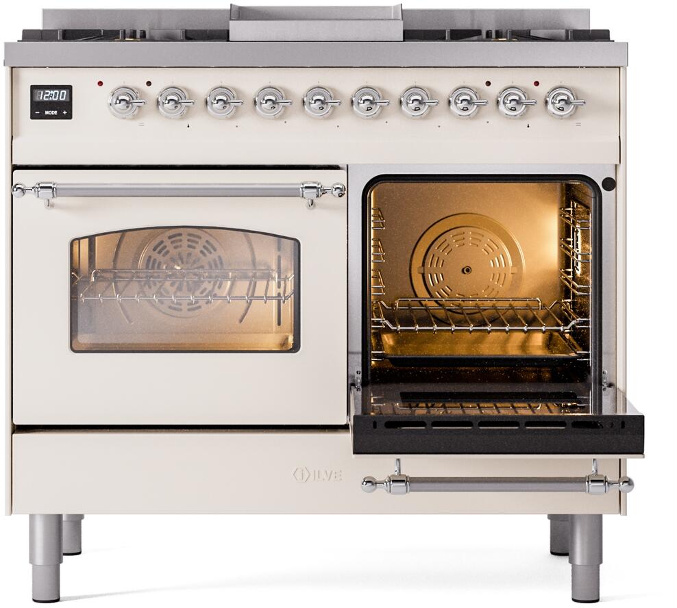ILVE Nostalgie II 40-Inch Dual Fuel Freestanding Range in Antique White with Chrome Trim (UPD40FNMPAWCLP)