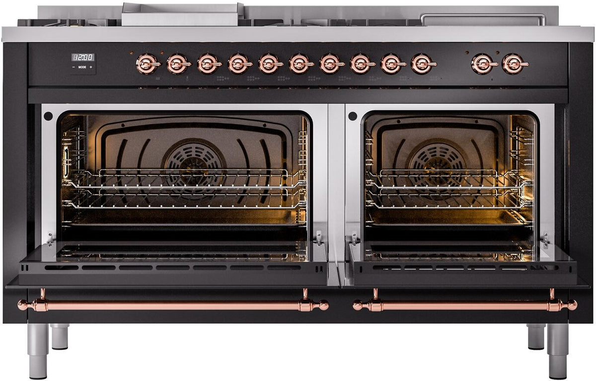 ILVE Nostalgie II 60-Inch Propane Gas Dual Fuel Range with 7 Burners, Griddle, & French Top with Triple Glass Door Oven in Glossy Black with Copper Trim (UP60FSNMPBKPLP)