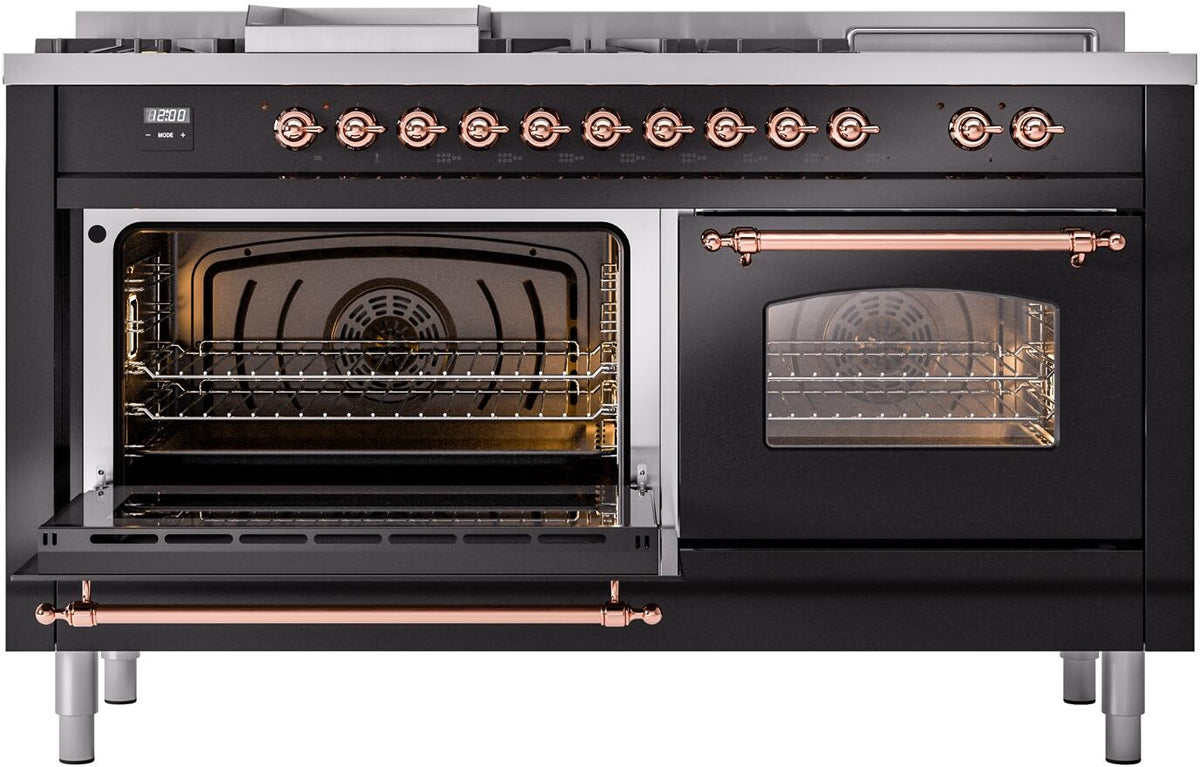 ILVE Nostalgie II 60-Inch Propane Gas Dual Fuel Range with 7 Burners, Griddle, & French Top with Triple Glass Door Oven in Glossy Black with Copper Trim (UP60FSNMPBKPLP)