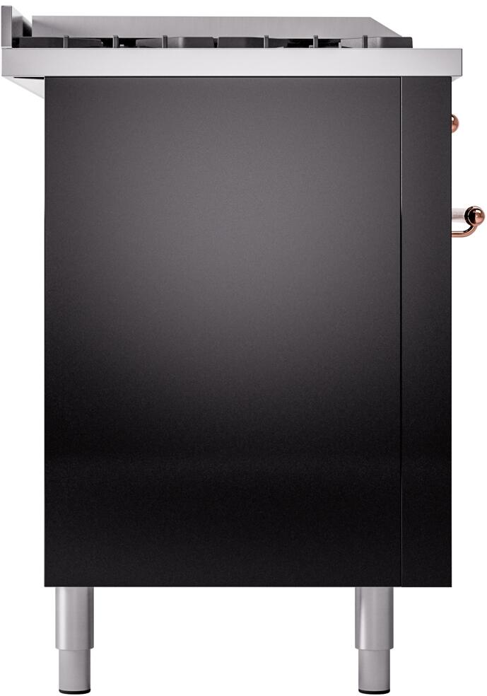 ILVE Nostalgie II 60-Inch Natural Gas Dual Fuel Range with 7 Burners, Griddle, & French Top with Triple Glass Door Oven in Glossy Black with Copper Trim (UP60FSNMPBKP)