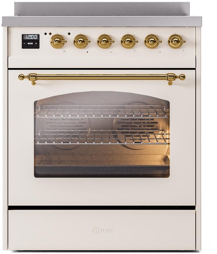 ILVE Nostalgie II 30-Inch Electric Induction Range, Freestanding, Antique White with Brass Trim (UPI304NMPAWG)