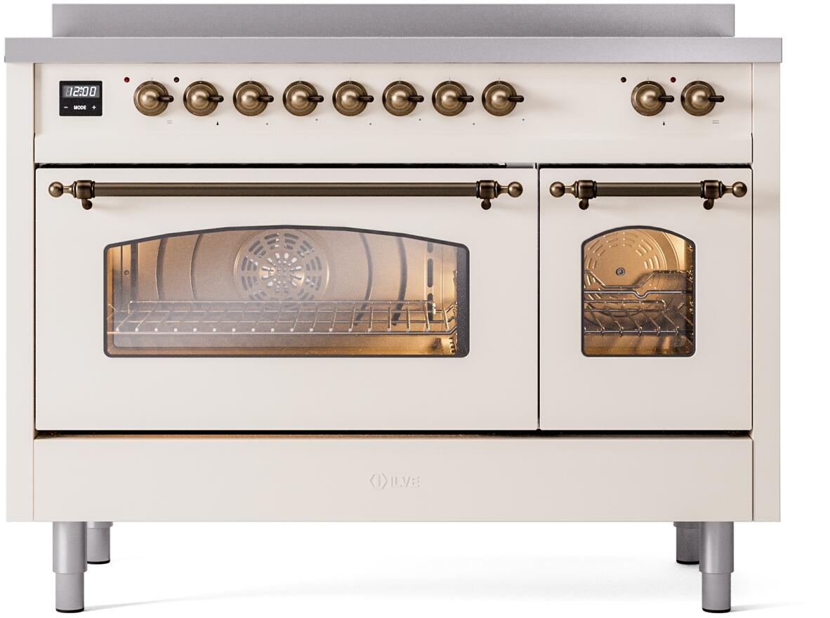 ILVE Nostalgie II 48-Inch Freestanding Electric Induction Range, Antique White with Burnished Bronze Trim (UPI486NMPAWB)