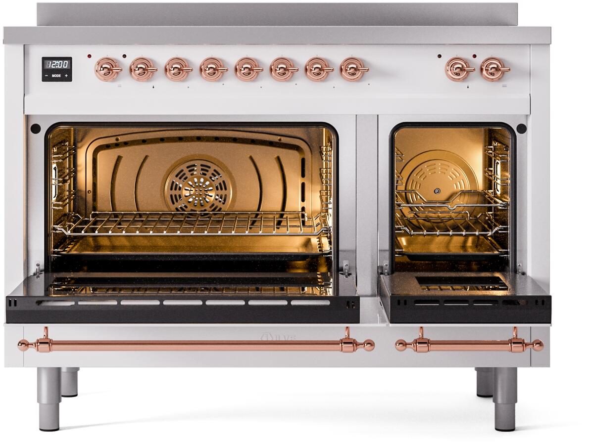 ILVE Nostalgie II 48-Inch Freestanding Electric Induction Range in White with Copper Trim (UPI486NMPWHP)