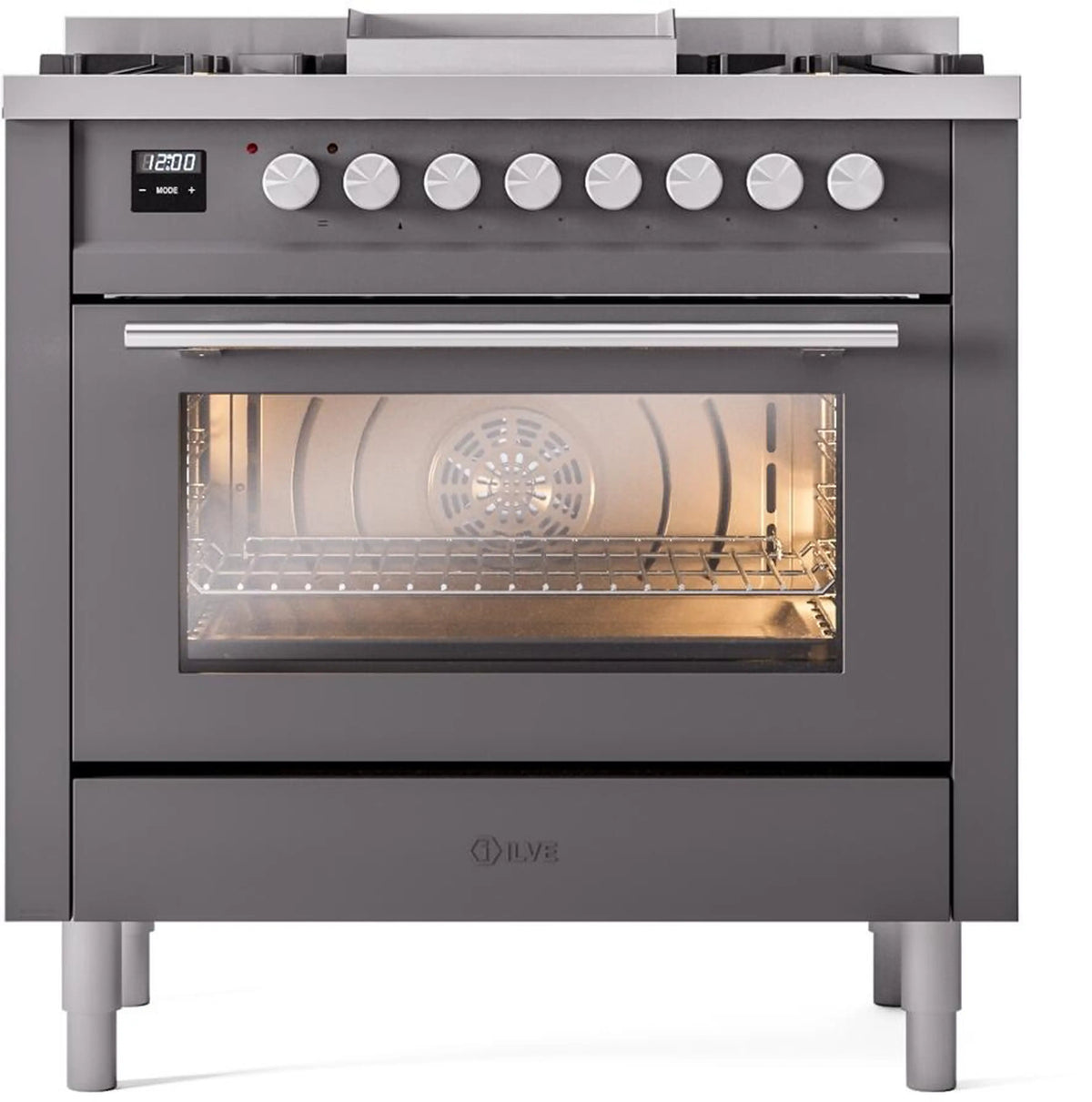 ILVE Professional Plus II 36-Inch Freestanding Natural Gas Dual Fuel Range, 6 Sealed Burners, Matte Graphite (UP36FWMPMG)