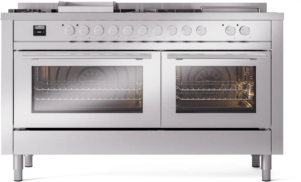 ILVE Professional Plus II 60-Inch Natural Gas Dual Fuel Range, 7 Burners, Griddle, French Top, Triple Glass Door (UP60FSWMPSS)