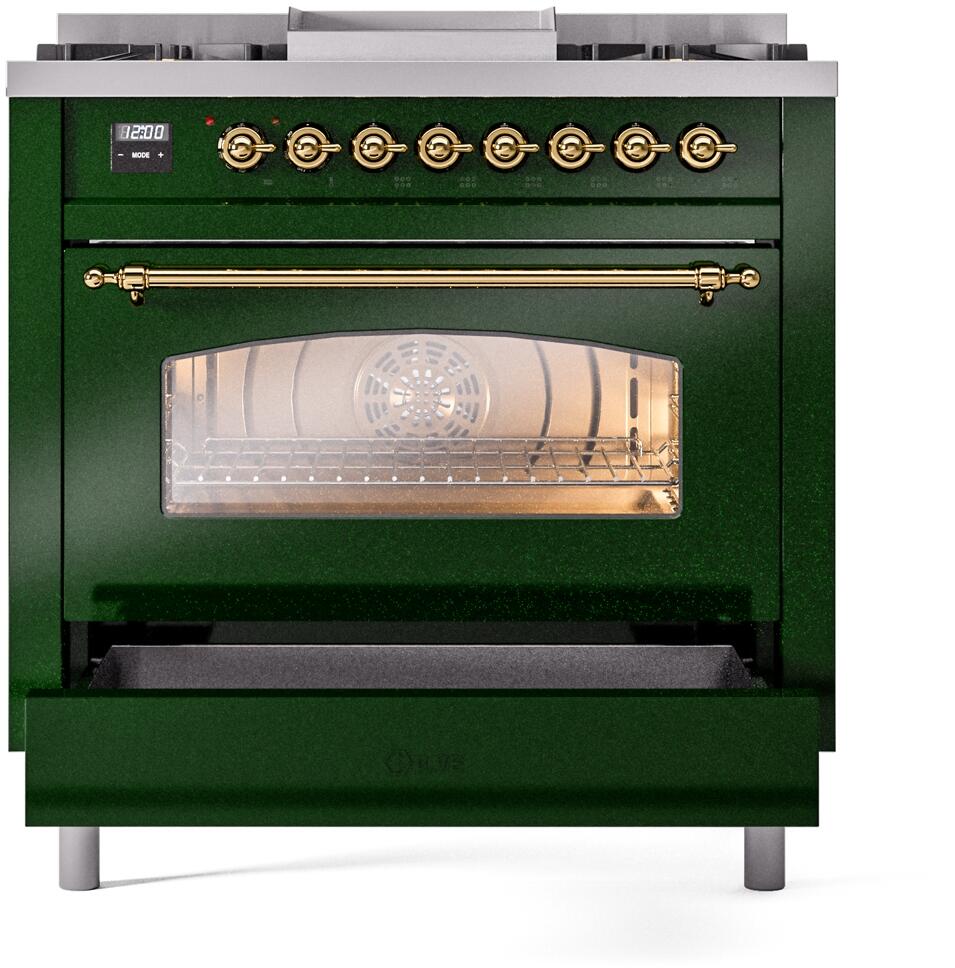 ILVE Nostalgie II 36-Inch Dual Fuel Freestanding Range in Emerald Green with Brass Trim (UP36FNMPEGGLP)