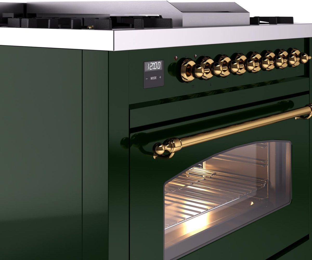 ILVE Nostalgie II 36-Inch Dual Fuel Freestanding Range in Emerald Green with Brass Trim (UP36FNMPEGGLP)