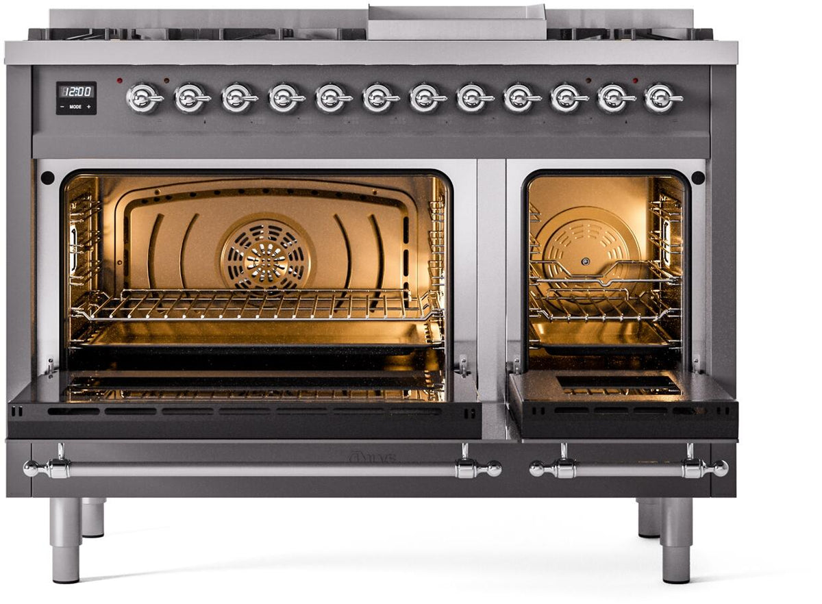 ILVE Nostalgie II 48-Inch Dual Fuel Freestanding Range in Matte Graphite with Chrome Trim (UP48FNMPMGCLP)