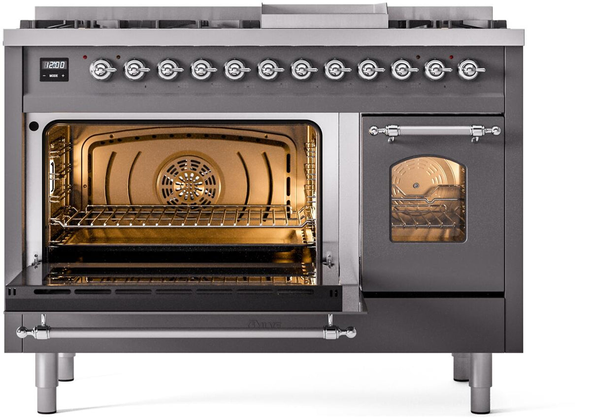 ILVE Nostalgie II 48-Inch Dual Fuel Freestanding Range in Matte Graphite with Chrome Trim (UP48FNMPMGCLP)