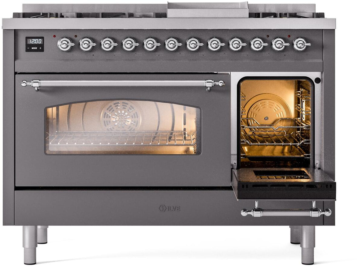 ILVE Nostalgie II 48-Inch Dual Fuel Freestanding Range in Matte Graphite with Chrome Trim (UP48FNMPMGCLP)