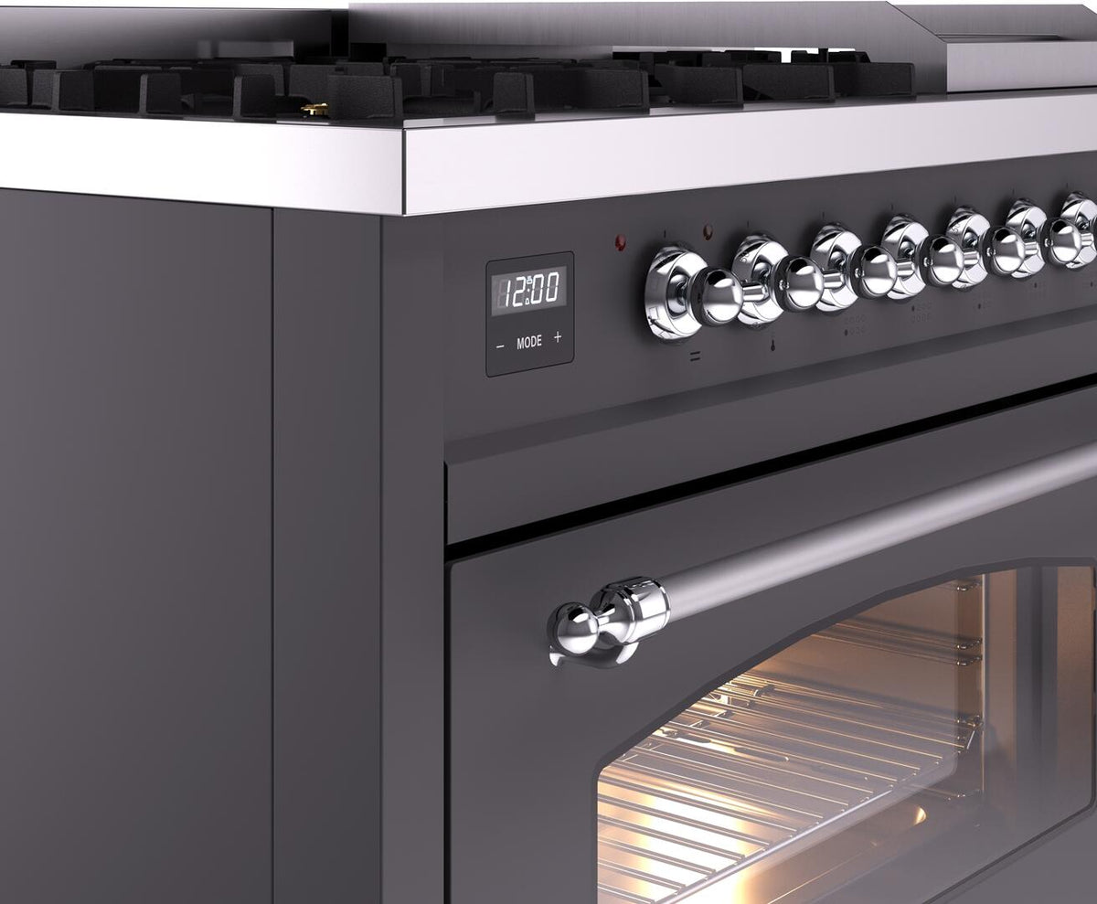 ILVE Nostalgie II 48-Inch Dual Fuel Freestanding Range in Matte Graphite with Chrome Trim (UP48FNMPMGCLP)