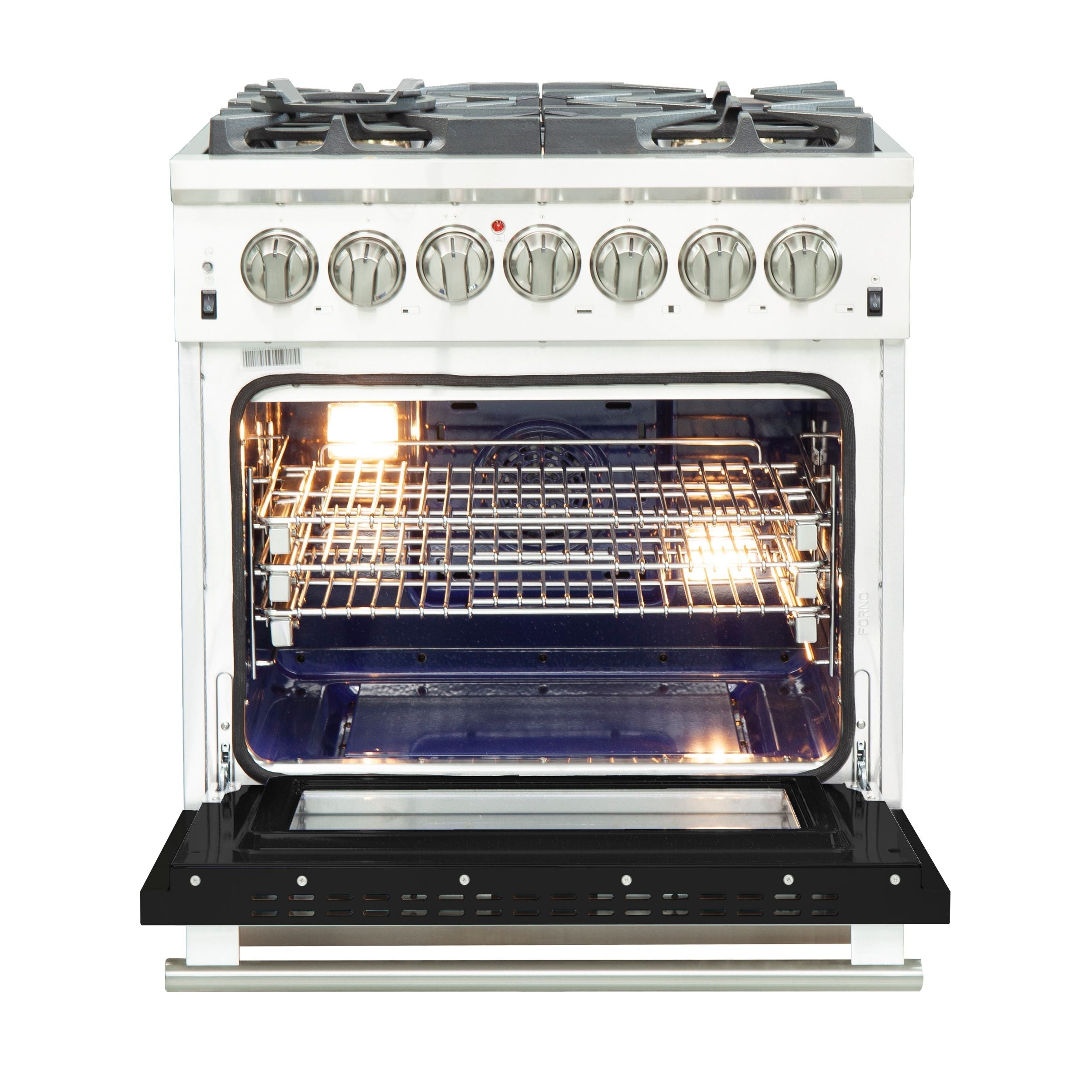 Forno 30-Inch Capriasca Dual Fuel Range with 5 Gas Burners and 240v Electric Oven in Stainless Steel with Black Door (FFSGS6187-30BLK)