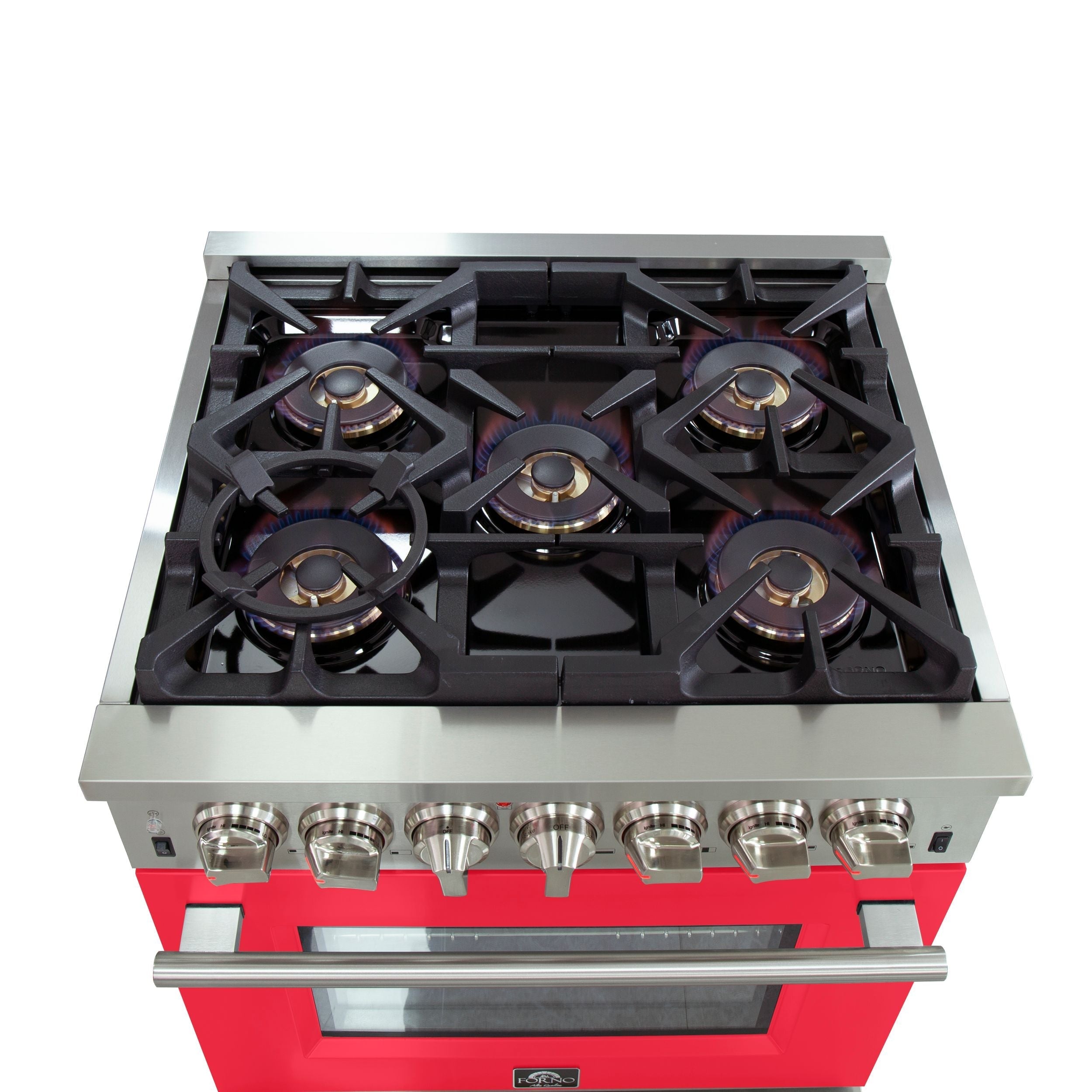 Forno 30-Inch Capriasca Dual Fuel Range with 5 Gas Burners and 240v Electric Oven in Stainless Steel with Red Door (FFSGS6187-30RED)