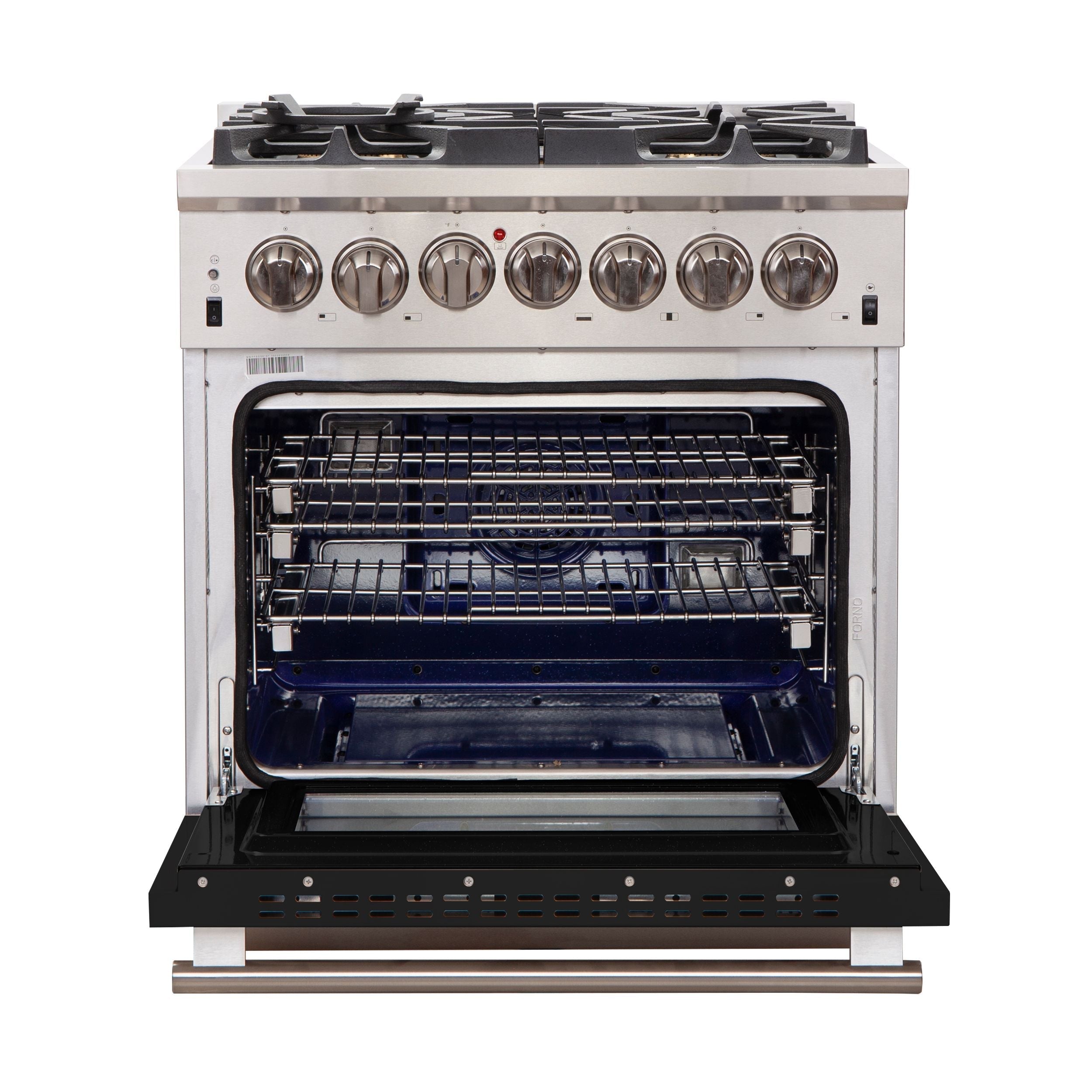 Forno 30-Inch Capriasca Gas Range with 5 Burners and Convection Oven in Stainless Steel with Black Door (FFSGS6260-30BLK)