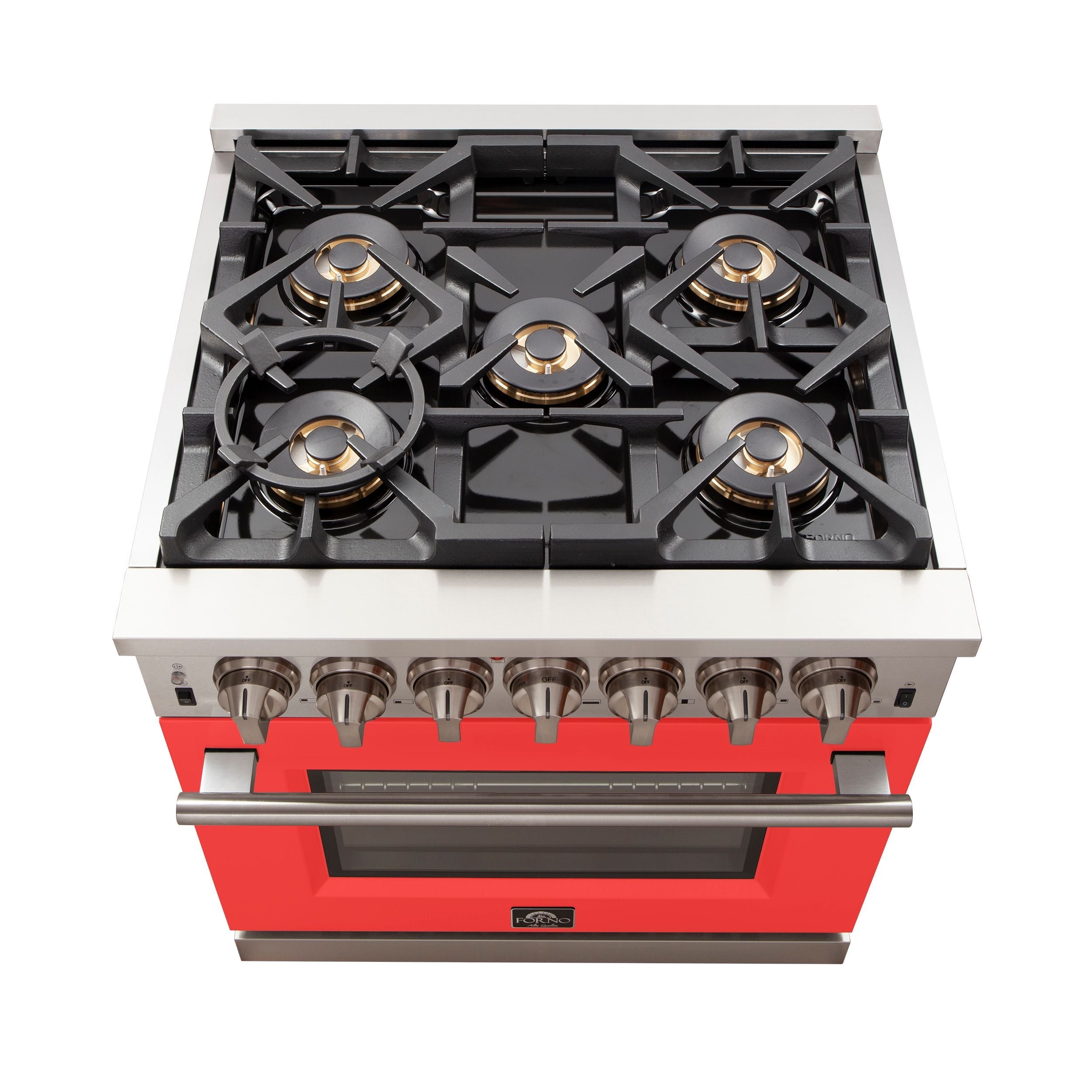 Forno 30-Inch Capriasca Gas Range with 5 Burners and Convection Oven in Stainless Steel with Red Door (FFSGS6260-30RED)