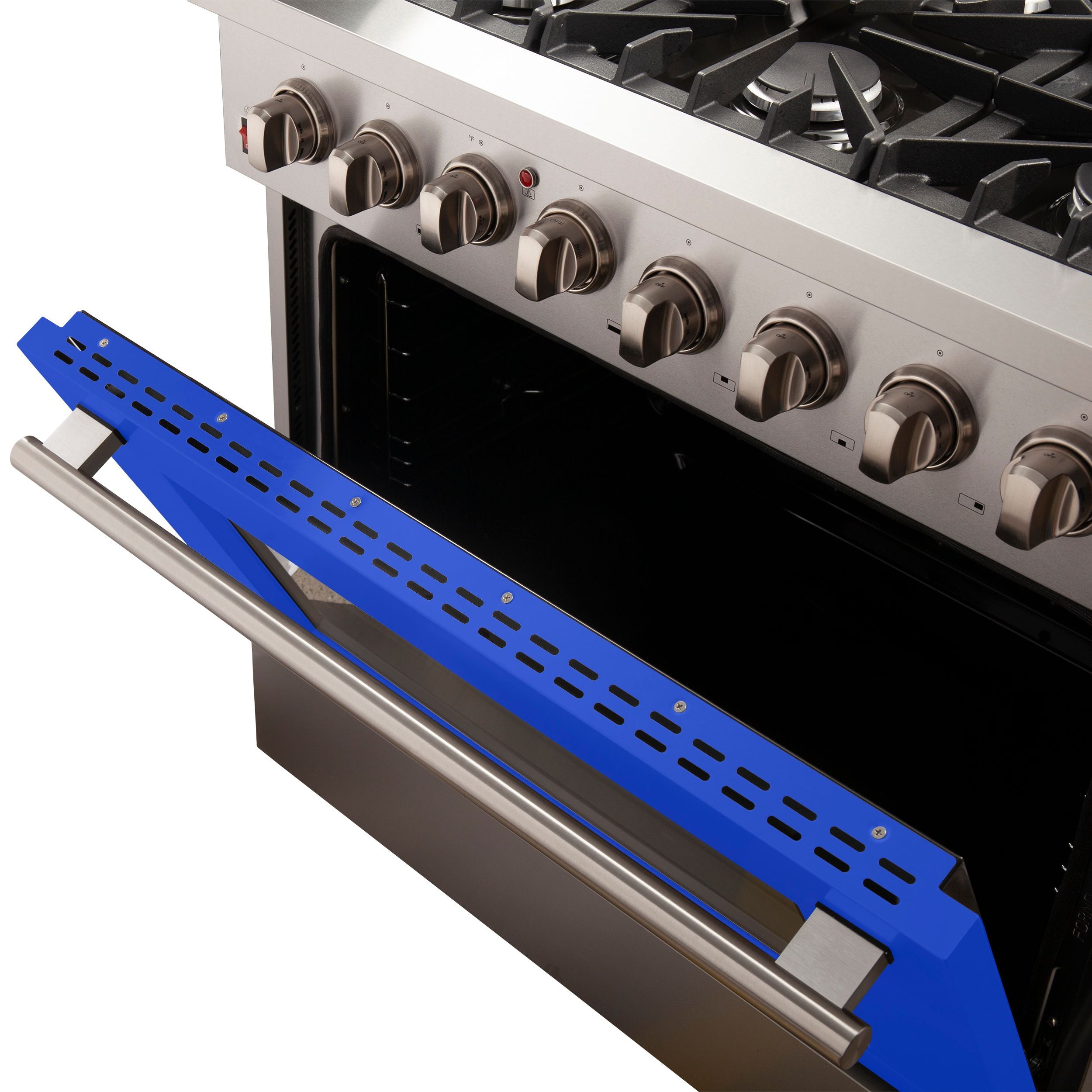 Forno 36-Inch Galiano Dual Fuel Range with 6 Gas Burners and 240v Electric Oven in Stainless Steel with Blue Door (FFSGS6156-36BLU)
