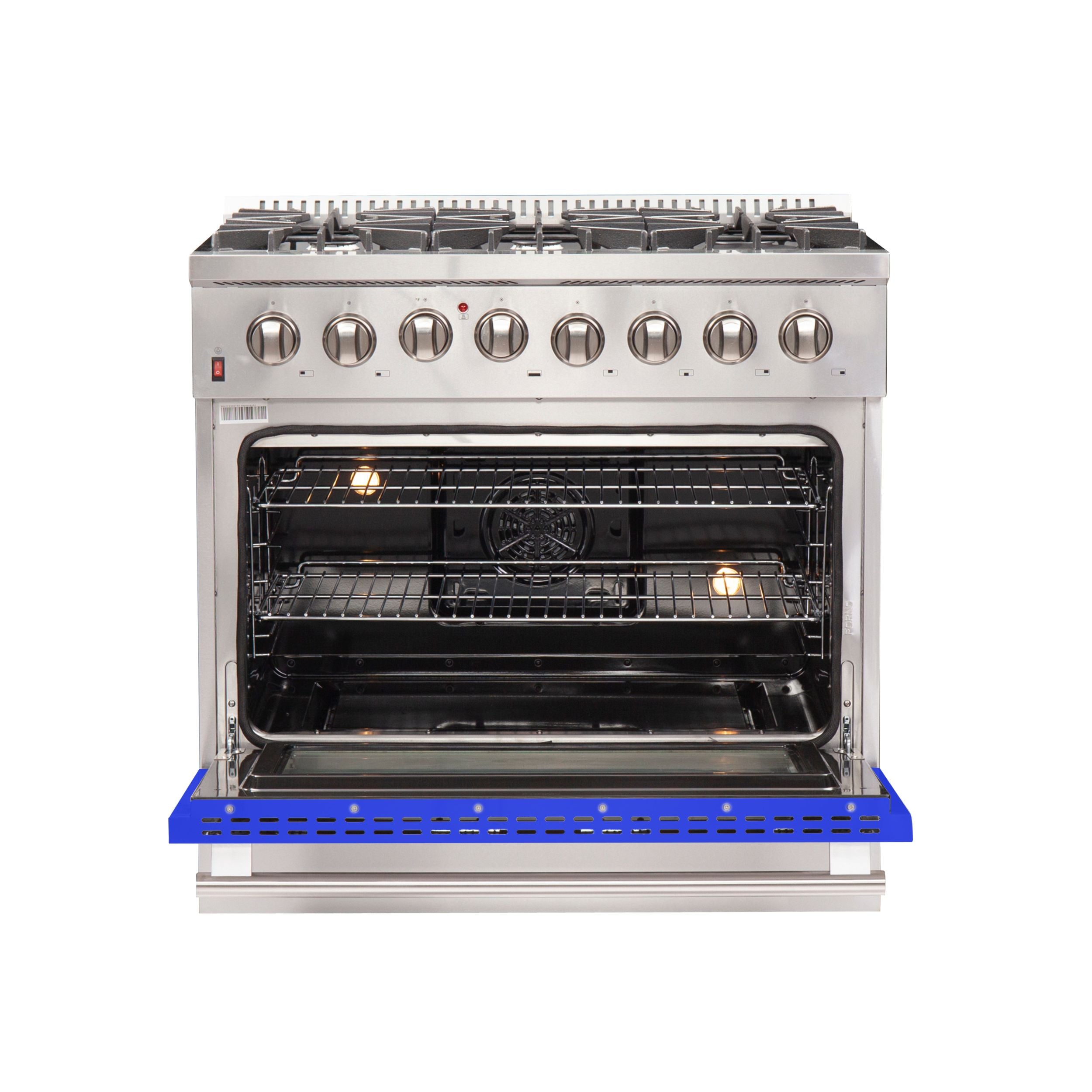 Forno 36-Inch Galiano Dual Fuel Range with 6 Gas Burners and 240v Electric Oven in Stainless Steel with Blue Door (FFSGS6156-36BLU)