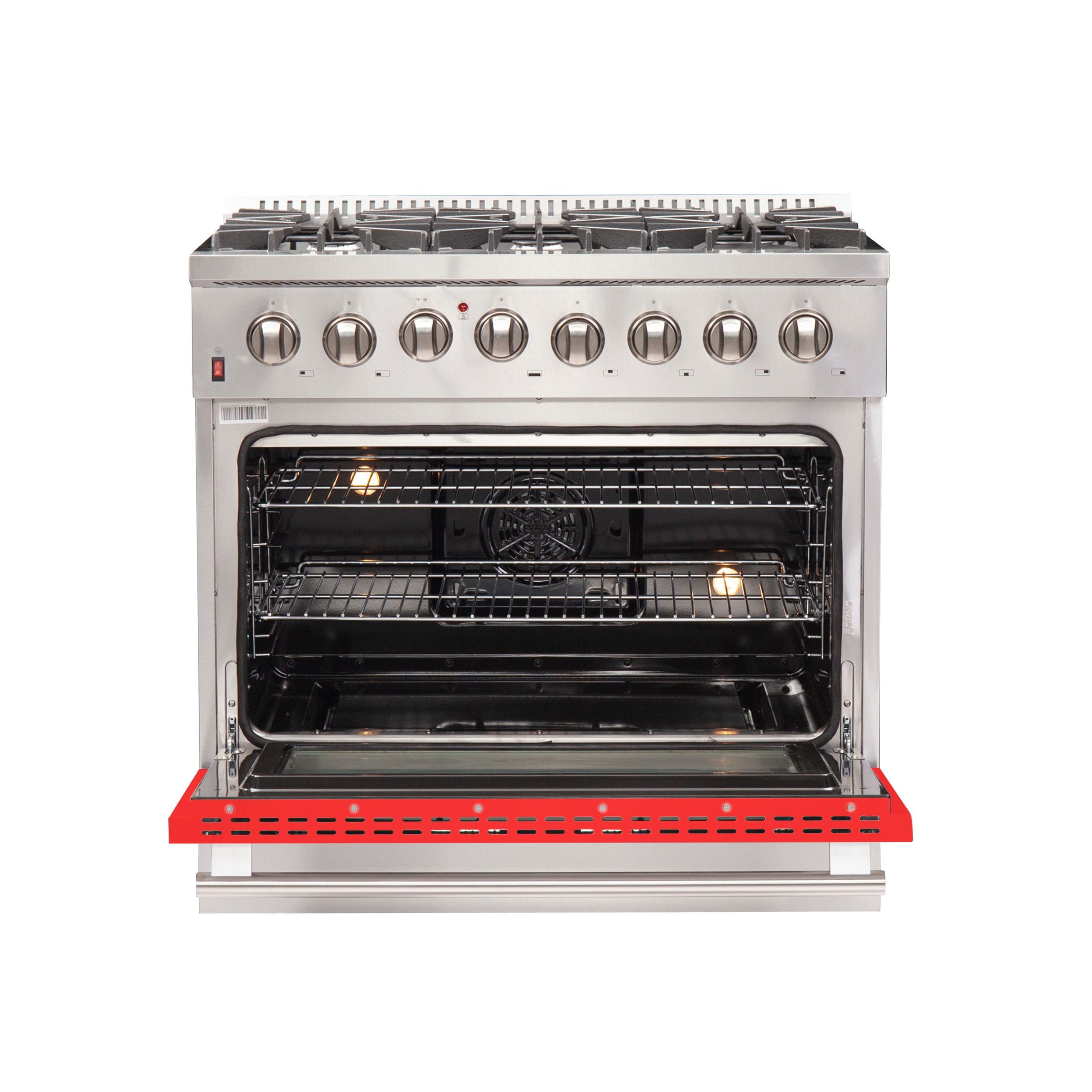 Forno 36-Inch Galiano Dual Fuel Range with 6 Gas Burners and 240v Electric Oven in Stainless Steel with Red Door (FFSGS6156-36RED)