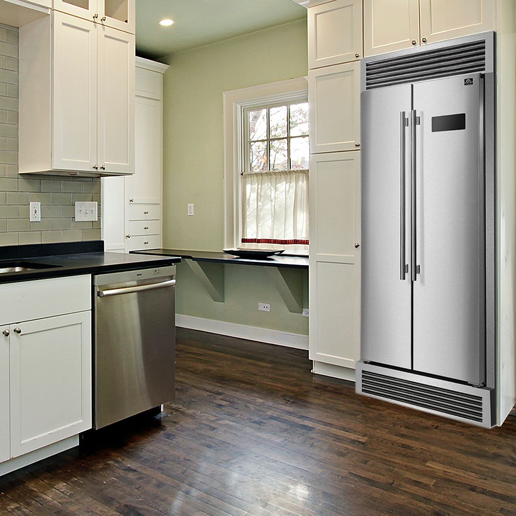 Forno 33-Inch Salerno Side-by-Side Counter Depth Refrigerator 15.6 Cu. Ft. in Stainless Steel with Professional Handle & 4” Decorative Grille (FFRBI1805-37SG)