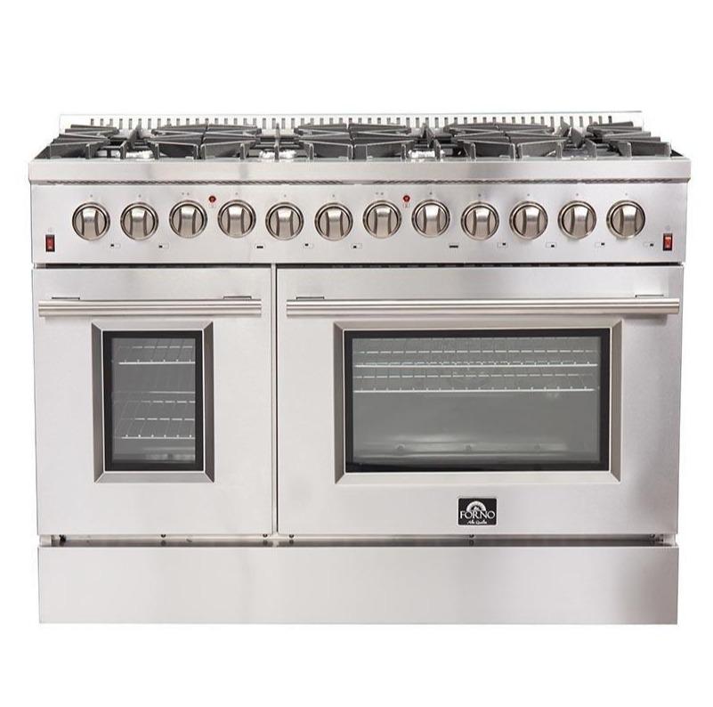 Forno 4-Piece Appliance Package - 48-Inch Dual Fuel Range, Refrigerator, 24-Inch Microwave Drawer, & 3-Rack Dishwasher in Stainless Steel