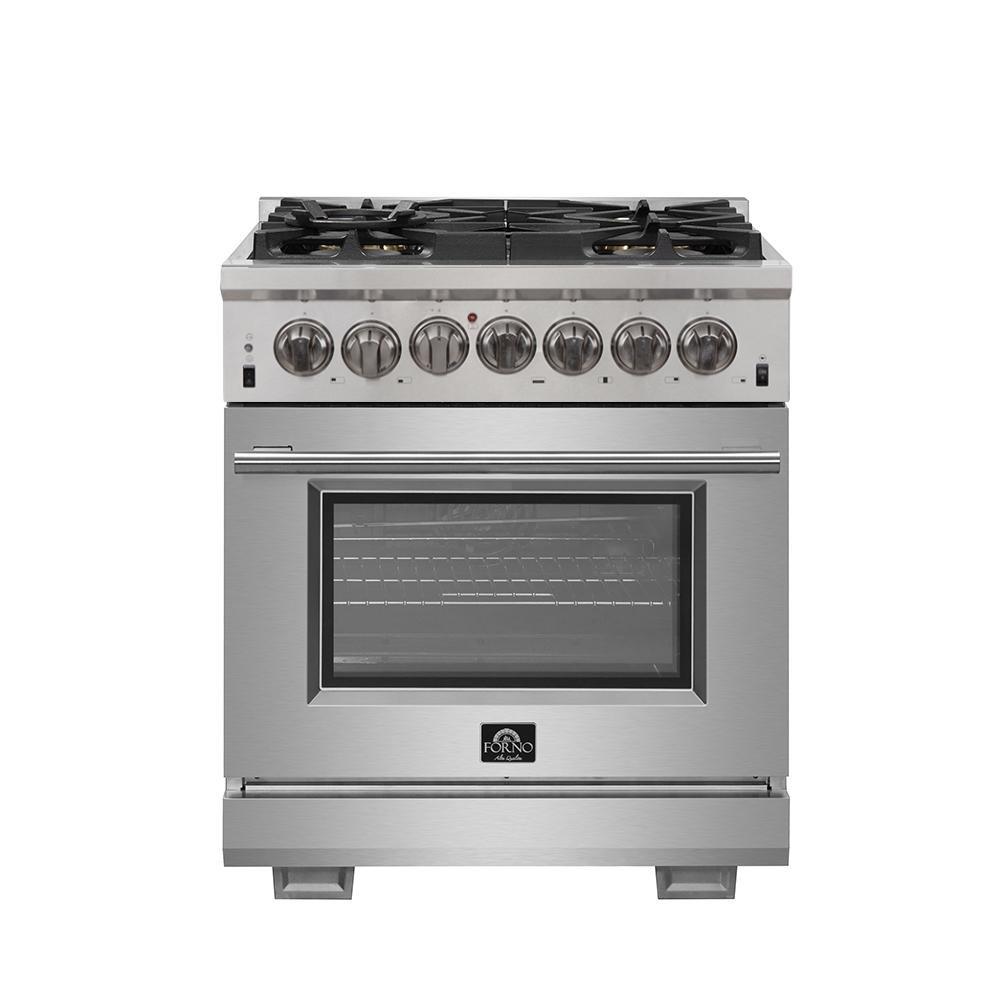 Forno 4-Piece Pro Appliance Package - 30-Inch Dual Fuel Range, Refrigerator, 24-Inch Microwave Oven, & 3-Rack Dishwasher in Stainless Steel