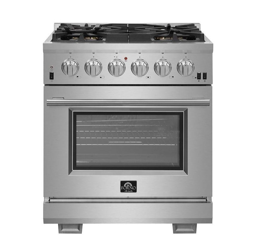 Forno 4-Piece Pro Appliance Package - 30-Inch Gas Range, Refrigerator with Water Dispenser, 24-Inch Microwave Drawer, & 3-Rack Dishwasher in Stainless Steel