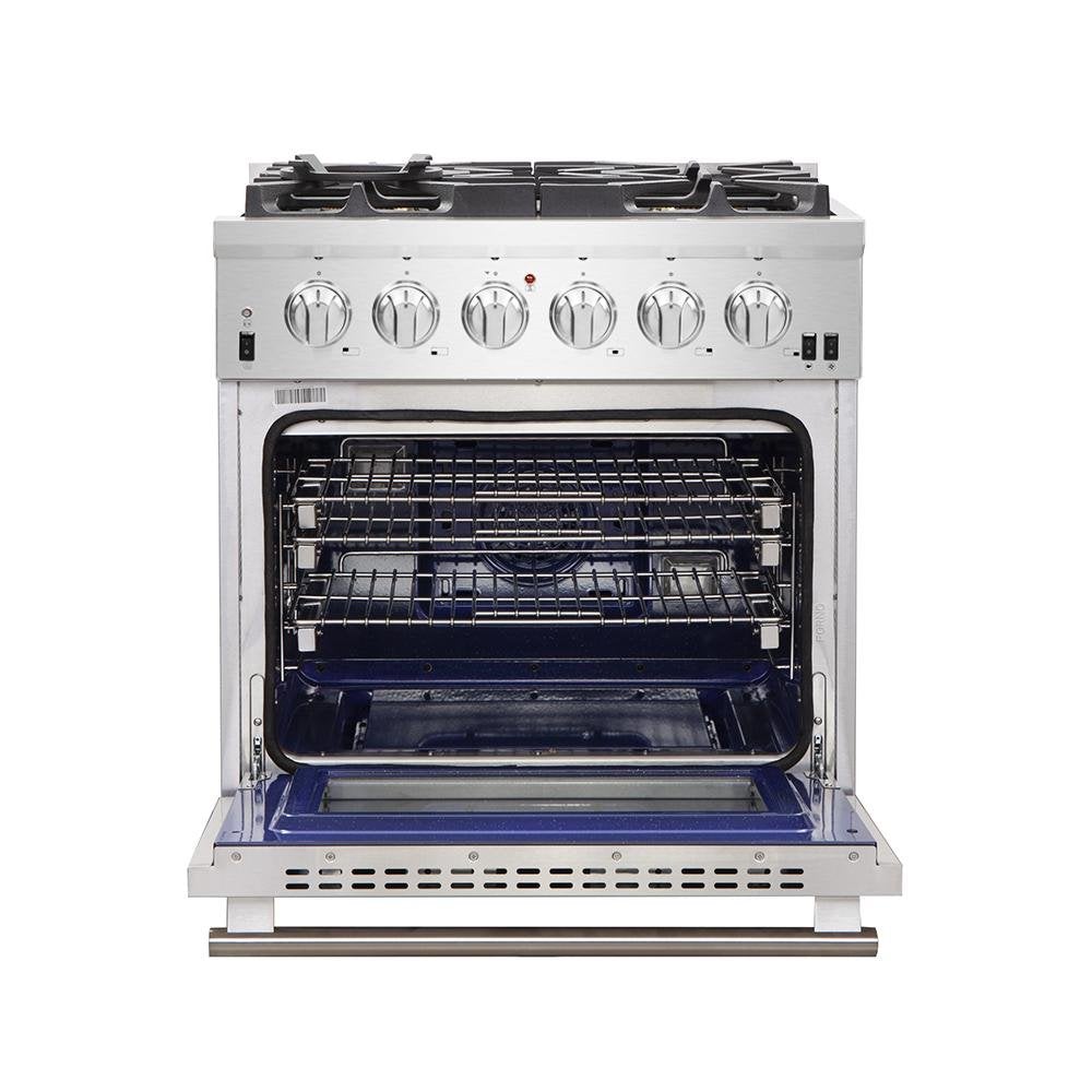 Forno 4-Piece Pro Appliance Package - 30-Inch Gas Range, Refrigerator with Water Dispenser, 24-Inch Microwave Drawer, & 3-Rack Dishwasher in Stainless Steel