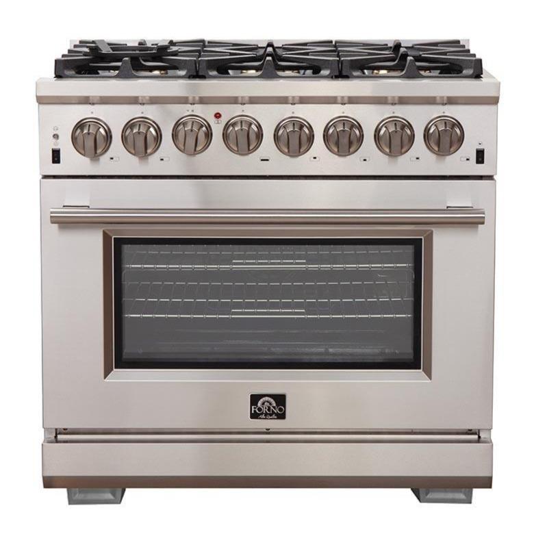 Forno 4-Piece Pro Appliance Package - 36-Inch Dual Fuel Range, Refrigerator with Water Dispenser, 24-Inch Microwave Oven, & 3-Rack Dishwasher in Stainless Steel