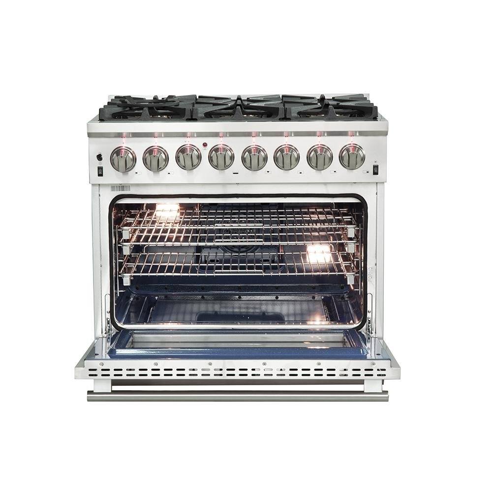 Forno 4-Piece Pro Appliance Package - 36-Inch Dual Fuel Range, French Door Refrigerator, Wall Mount Hood with Backsplash, and Dishwasher in Stainless Steel