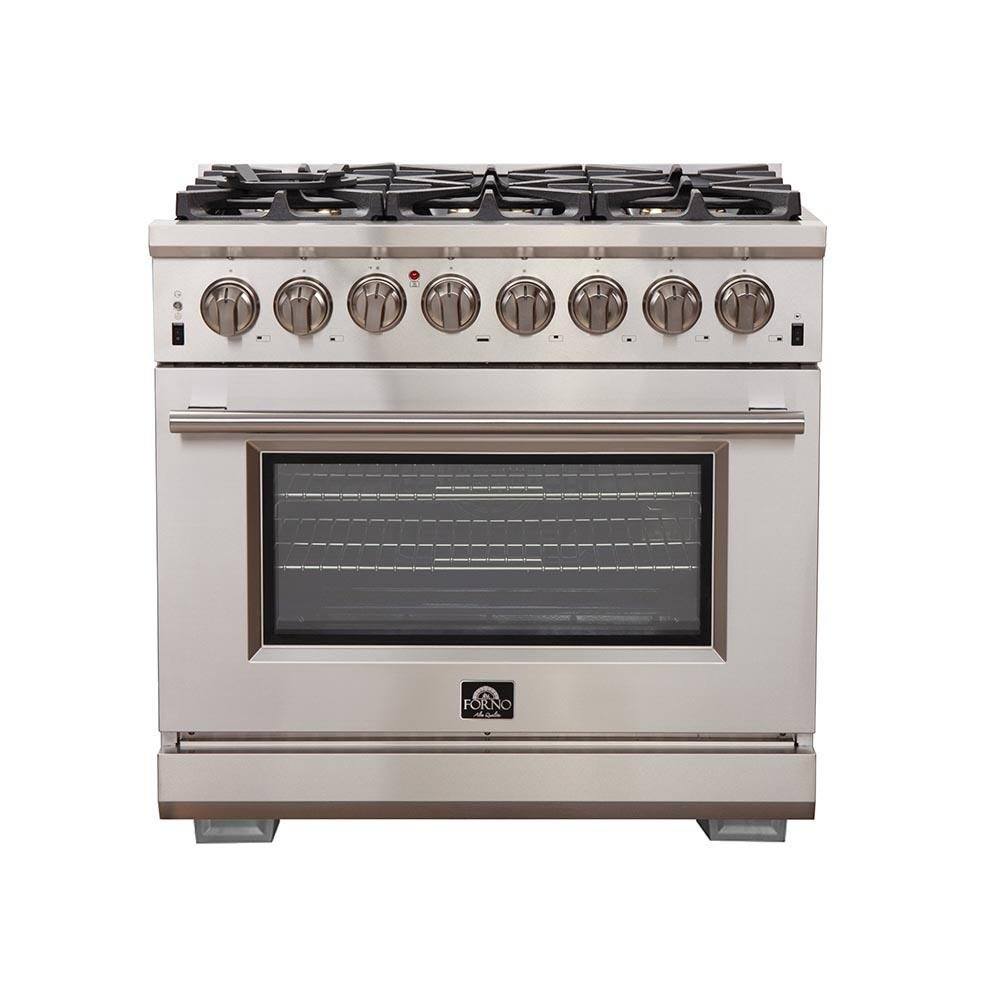 Forno 4-Piece Pro Appliance Package - 36-Inch Dual Fuel Range, French Door Refrigerator, Wall Mount Hood with Backsplash, and Dishwasher in Stainless Steel