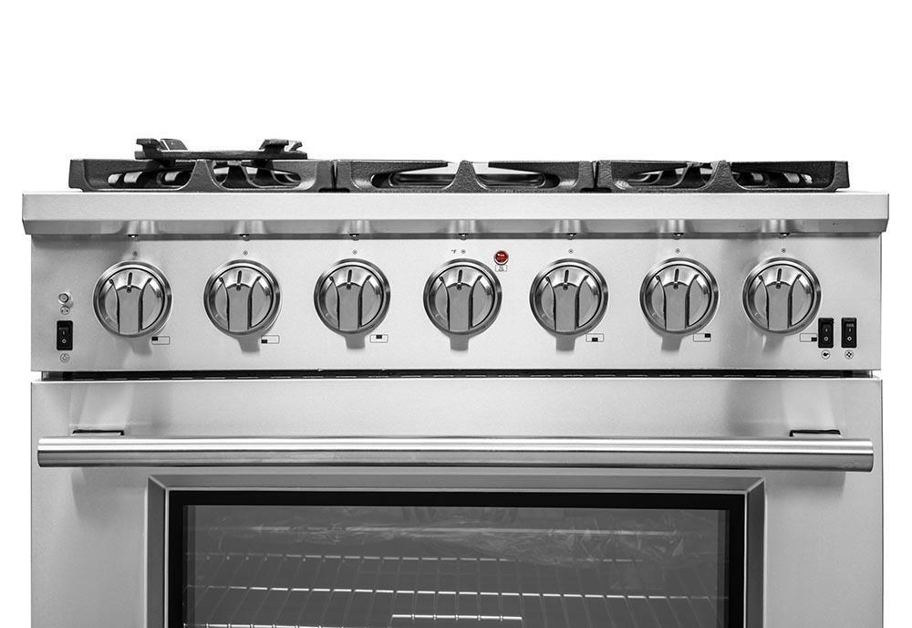 Forno 4-Piece Pro Appliance Package - 36-Inch Gas Range, Refrigerator, 24-Inch Microwave Drawer, & 3-Rack Dishwasher in Stainless Steel