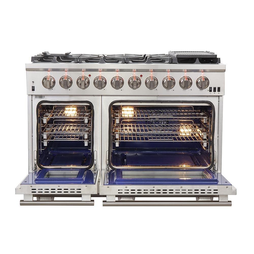 Forno 4-Piece Pro Appliance Package - 48-Inch Gas Range, Refrigerator, 24-Inch Microwave Drawer, & 3-Rack Dishwasher in Stainless Steel