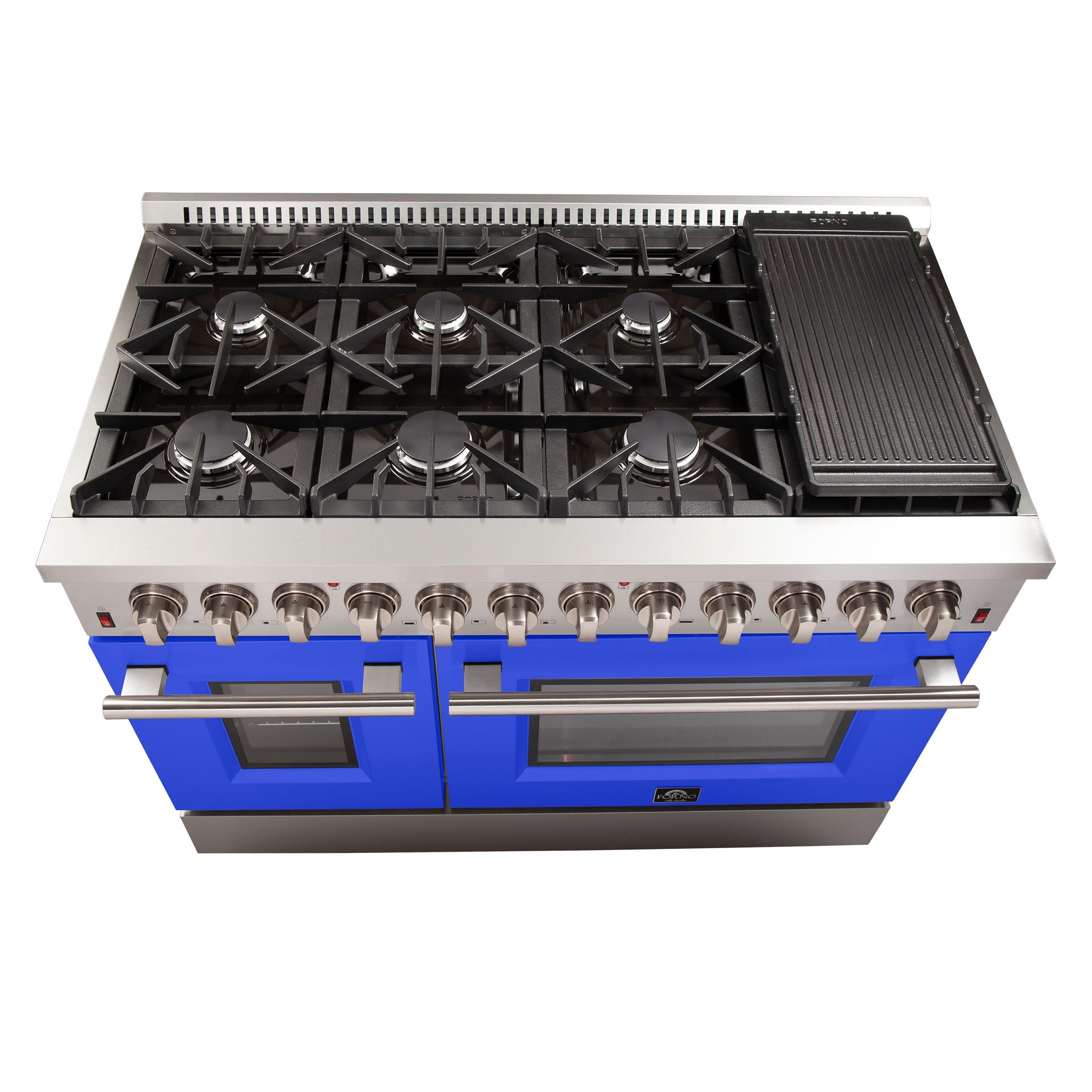 Forno 48-Inch Galiano Dual Fuel Range with 8 Gas Burners and 240v Electric Oven in Stainless Steel with Blue Door (FFSGS6156-48BLU)