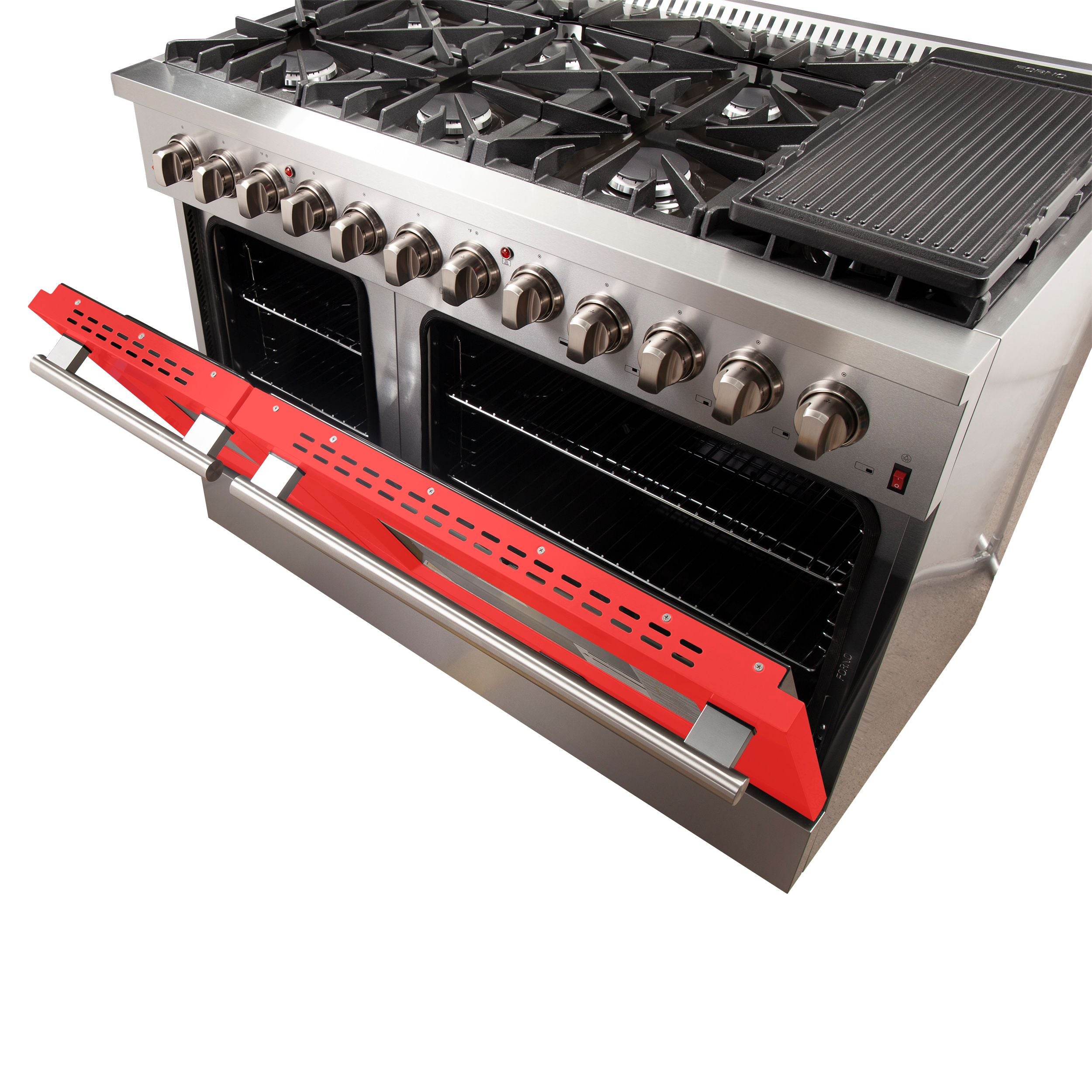 Forno 48-Inch Galiano Dual Fuel Range with 8 Gas Burners and 240v Electric Oven in Stainless Steel with Door (FFSGS6156-48RED)