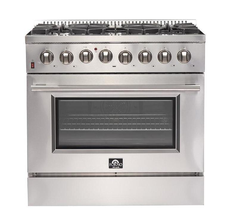 Forno 3-Piece Appliance Package - 36-Inch Dual Fuel Range, Refrigerator with Water Dispenser, & Wall Mount Hood in Stainless Steel
