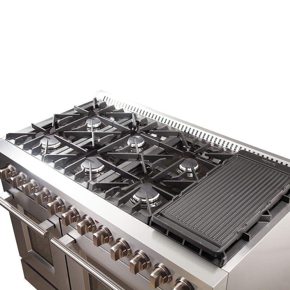 Forno 5-Piece Appliance Package - 48-Inch Dual Fuel Range, Refrigerator, Wall Mount Hood with Backsplash, 24-Inch Microwave Drawer, & 3-Rack Dishwasher in Stainless Steel