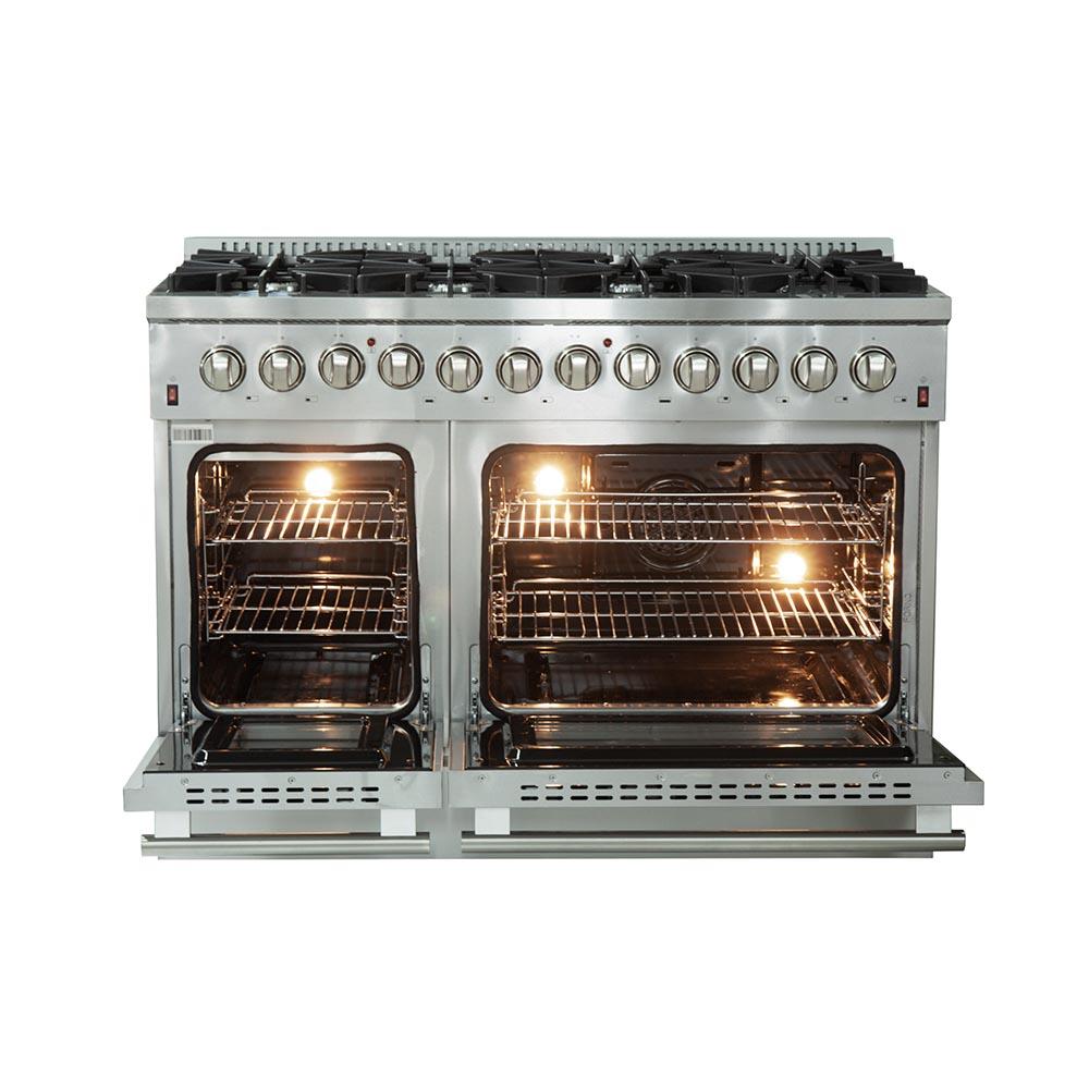 Forno 5-Piece Appliance Package - 48-Inch Dual Fuel Range, Refrigerator, Wall Mount Hood with Backsplash, 24-Inch Microwave Drawer, & 3-Rack Dishwasher in Stainless Steel