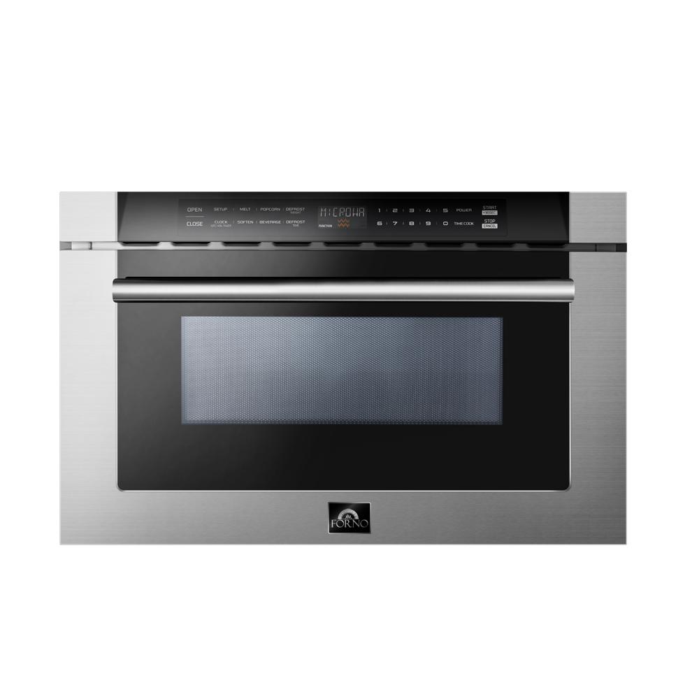 Forno 5-Piece Pro Appliance Package - 30-Inch Dual Fuel Range, Refrigerator, Wall Mount Hood, 24-Inch Microwave Drawer, & 3-Rack Dishwasher in Stainless Steel