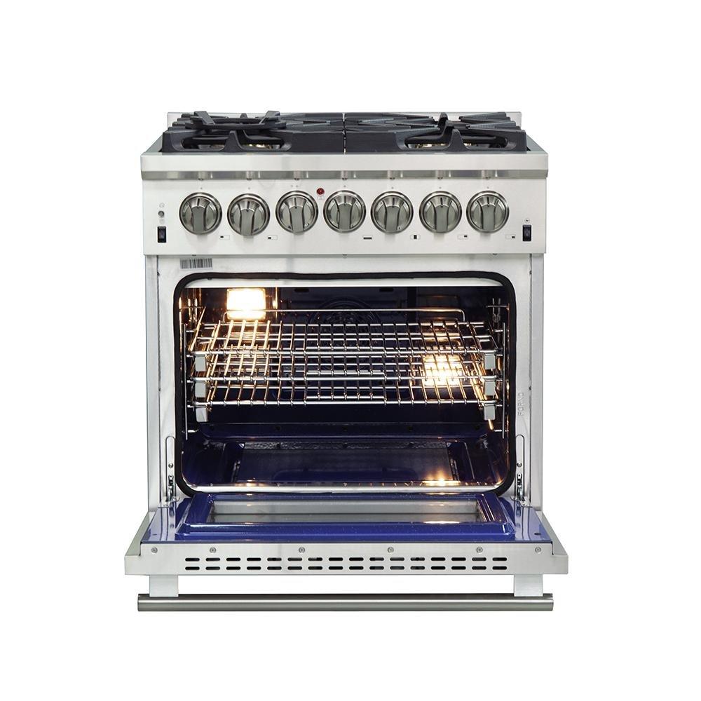 Forno 3-Piece Pro Appliance Package - 30-Inch Dual Fuel Range, Refrigerator with Water Dispenser, & Wall Mount Hood in Stainless Steel