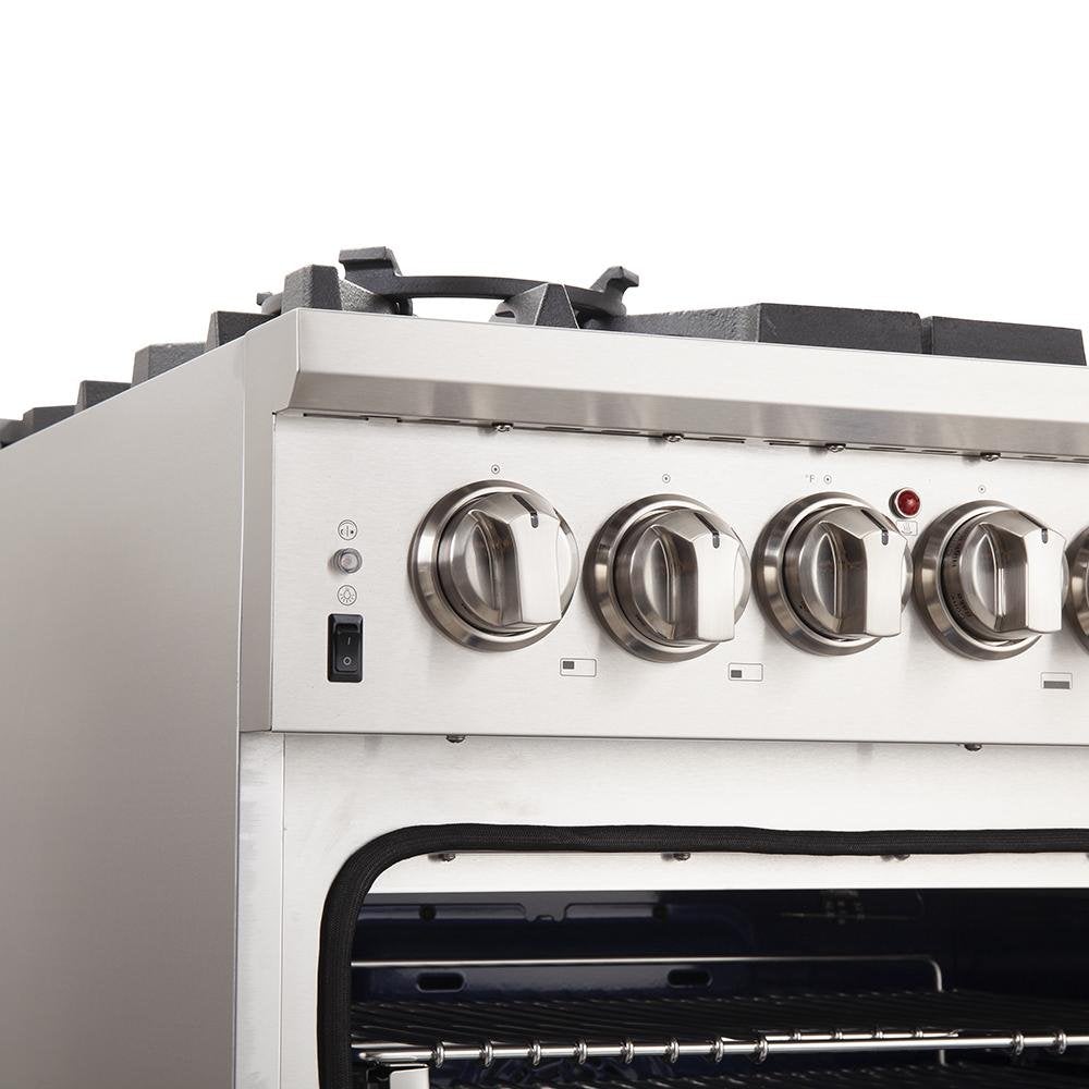 Forno 5-Piece Pro Appliance Package - 30-Inch Gas Range, 36-Inch Refrigerator Wall Mount Hood, 24-Inch Microwave Oven, & 3-Rack Dishwasher in Stainless Steel