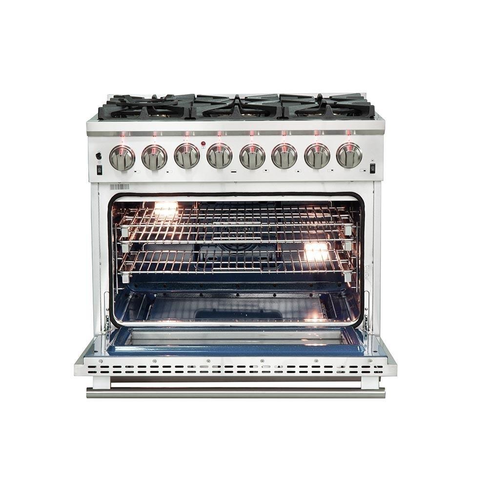 Forno 5-Piece Pro Appliance Package - 36-Inch Dual Fuel Range, Refrigerator, Wall Mount Hood, 24-Inch Microwave Oven, & 3-Rack Dishwasher in Stainless Steel