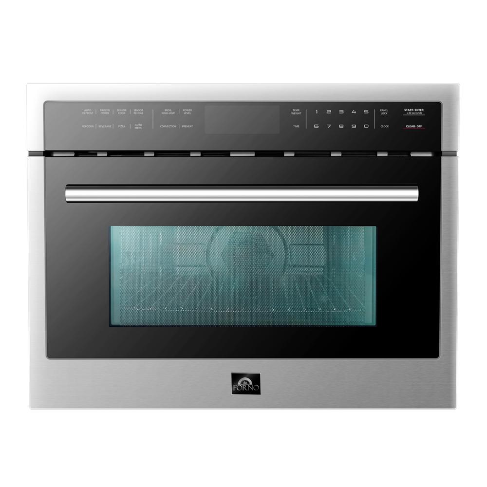 Forno 5-Piece Pro Appliance Package - 36-Inch Dual Fuel Range, Refrigerator, Wall Mount Hood with Backsplash, 24-Inch Microwave Oven, & 3-Rack Dishwasher in Stainless Steel