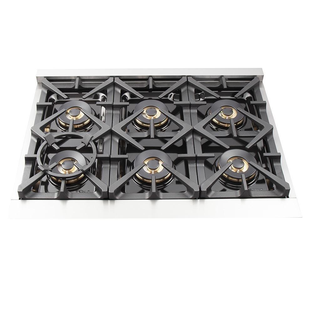 Forno 4-Piece Pro Appliance Package - 36-Inch Gas Range, Refrigerator, Wall Mount Hood, & 3-Rack Dishwasher in Stainless Steel