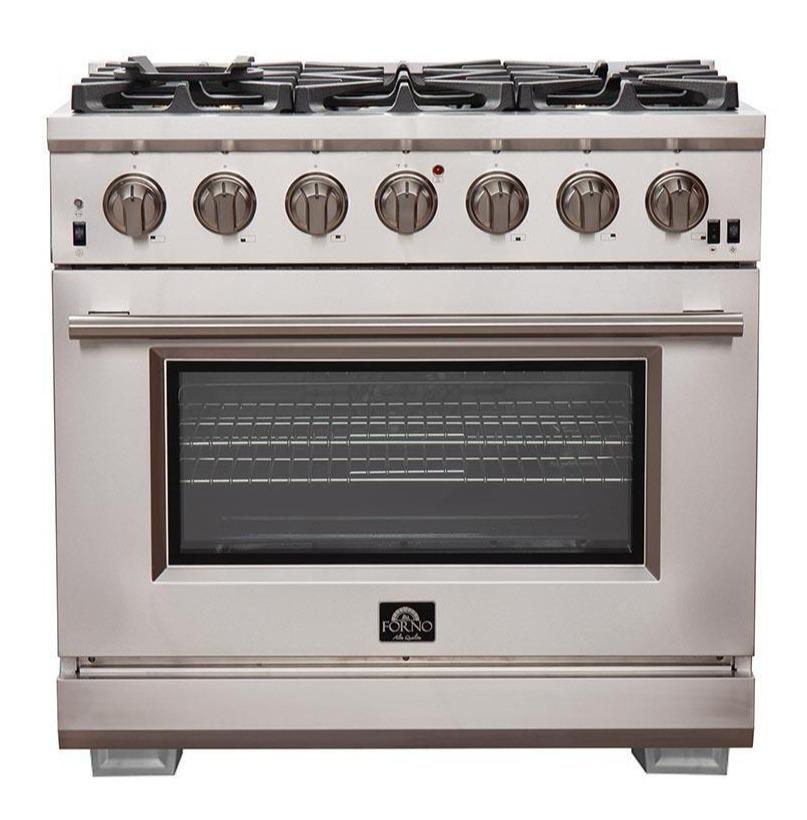 Forno 5-Piece Pro Appliance Package - 36-Inch Gas Range, Refrigerator, Wall Mount Hood, 24-Inch Microwave Oven, & 3-Rack Dishwasher in Stainless Steel