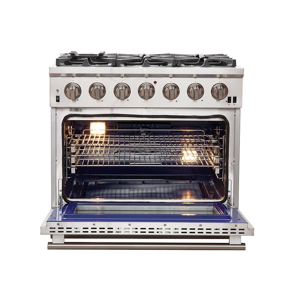 Forno 5-Piece Pro Appliance Package - 36-Inch Gas Range, Refrigerator, Wall Mount Hood, 24-Inch Microwave Oven, & 3-Rack Dishwasher in Stainless Steel